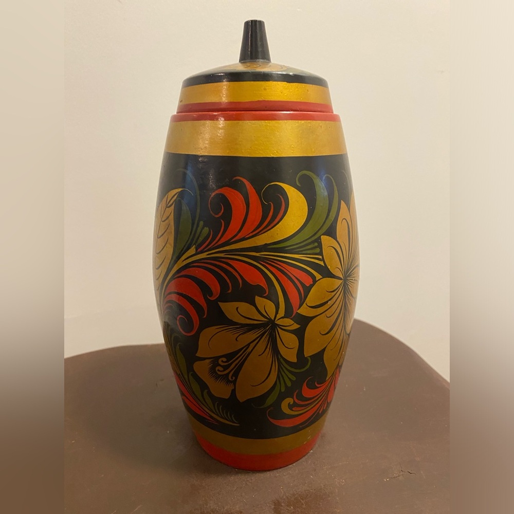 Khokhloma USSR 1970s Vintage Urn Vase w/Lid Folk Art Hand Painted Red Blk Gold